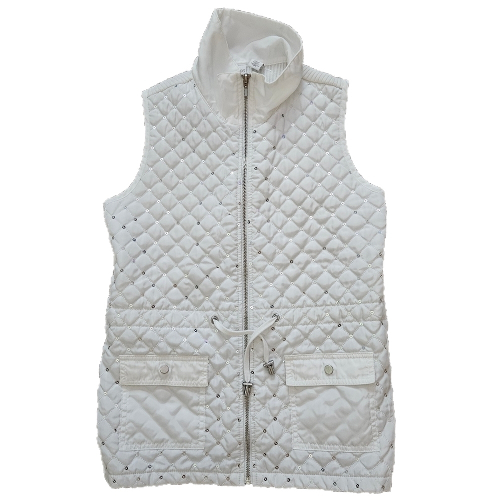 Weekend By Chico's White Zip Front Quilted Vest w/ Sequins / Size 0 Small
